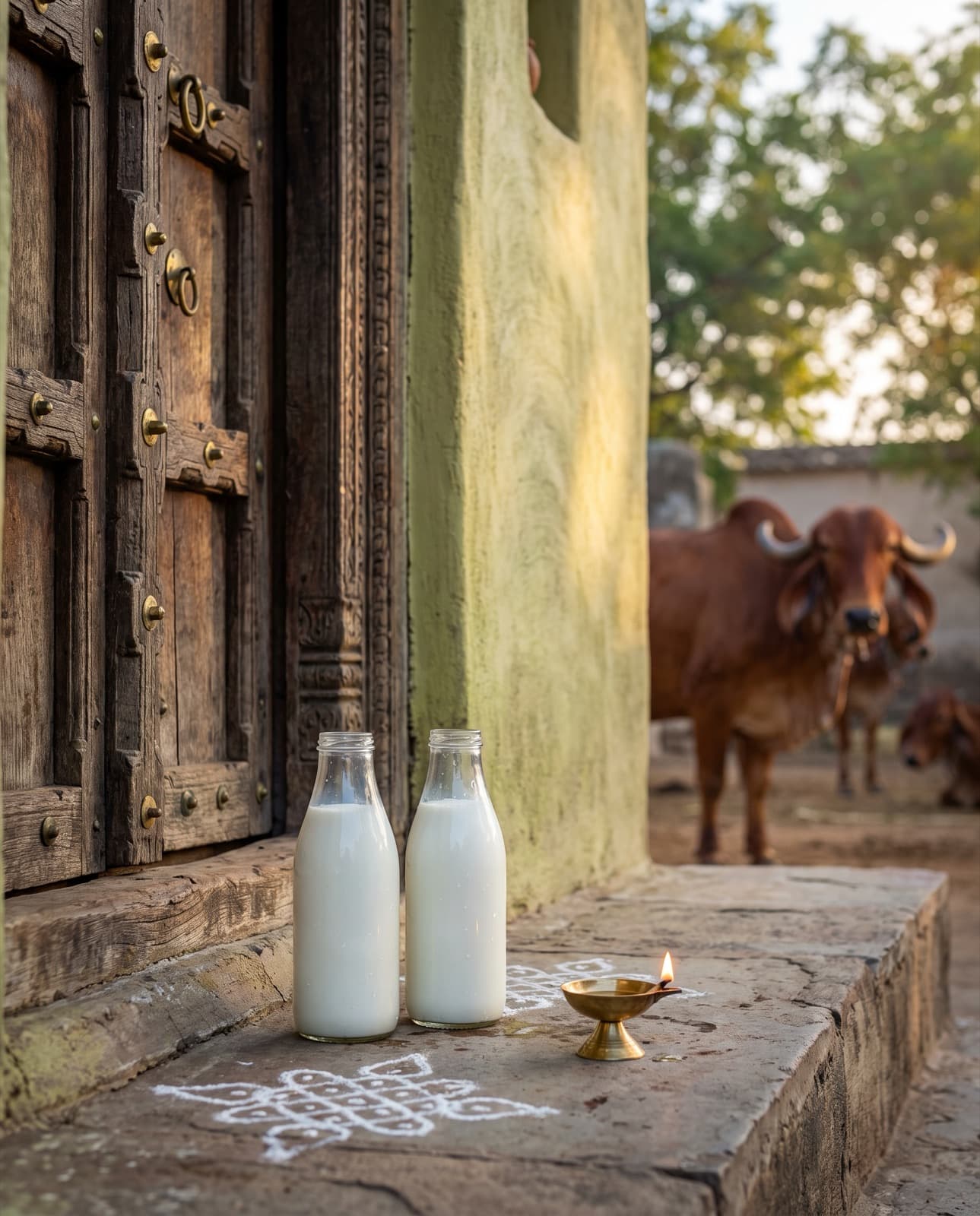 Two glass milk bottles on a doorstep beside a diya