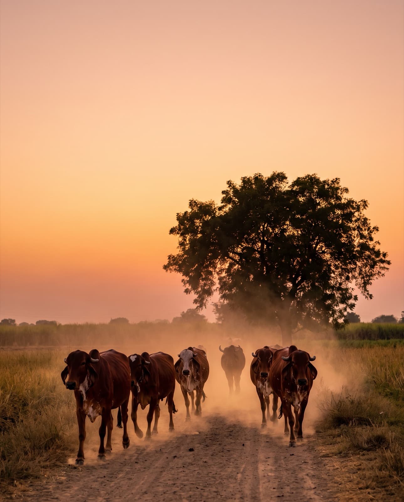 Gir cows walking home along a dusty track at sunset